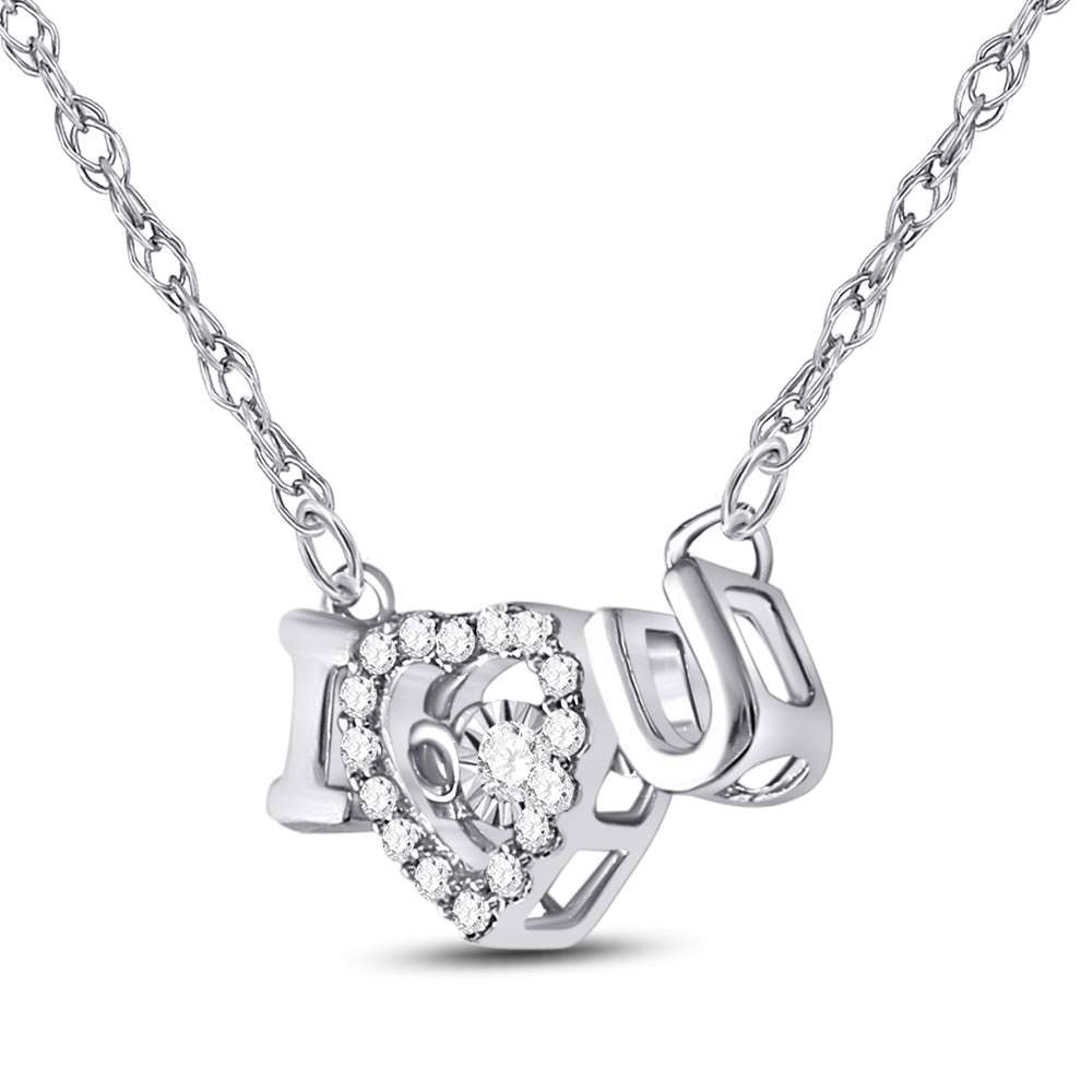 14kt White Gold Womens Round Diamond I Love U Heart Pendant Necklace 1/10 Cttw