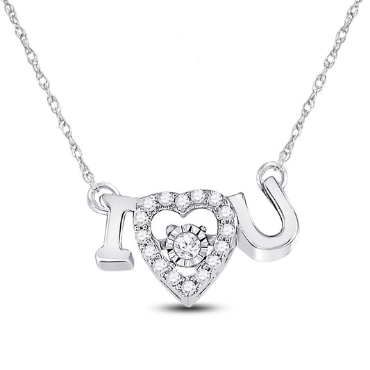 14kt White Gold Womens Round Diamond I Love U Heart Pendant Necklace 1/10 Cttw