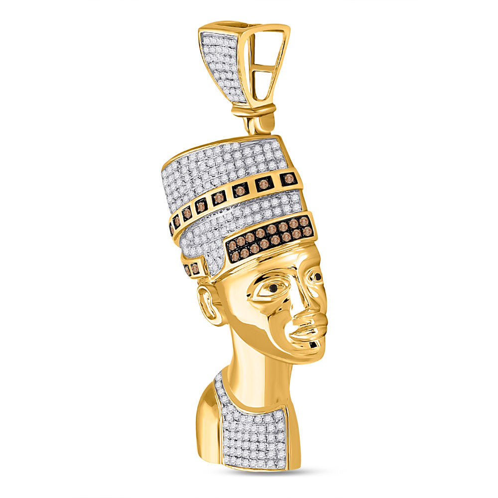 10kt Yellow Gold Mens Round Red Color Enhanced Diamond Pharaoh Nefertiti Pendant 1 Cttw