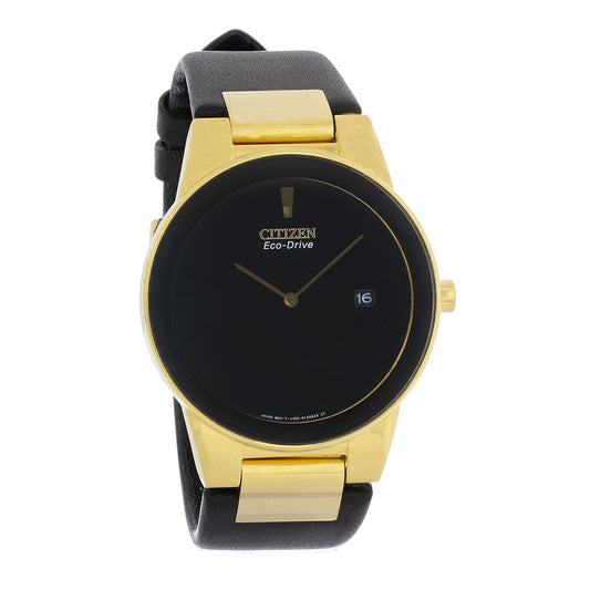 Citizen Eco-Drive Mens Gold Plated Stainless Black Leather Band Watch AU1062-05E