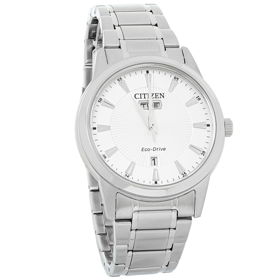 Citizen Eco-Drive Mens Day/Date Silver Dial Stainless Steel Watch AW0100-51A