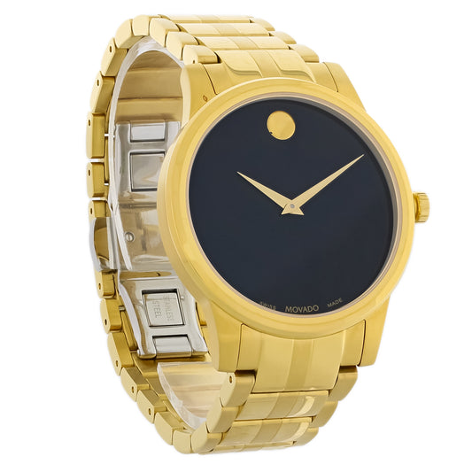 Movado Mens Black Dial Gold Tone Stainless Steel Quartz Watch 0607535