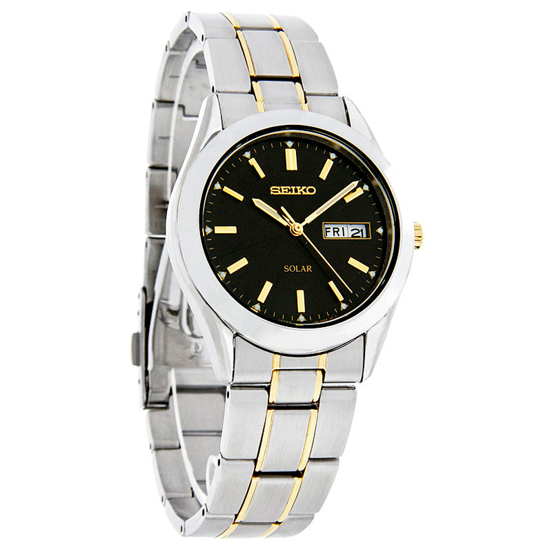 Seiko Solar Mens Black Day/Date Two Tone Stainless Steel Watch SNE047