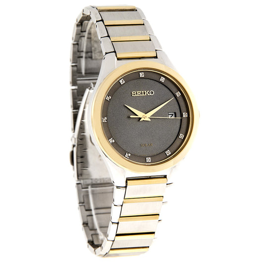 Seiko Solar Mens Grey Dial Two-Tone Bracelet Dress Watch SNE344