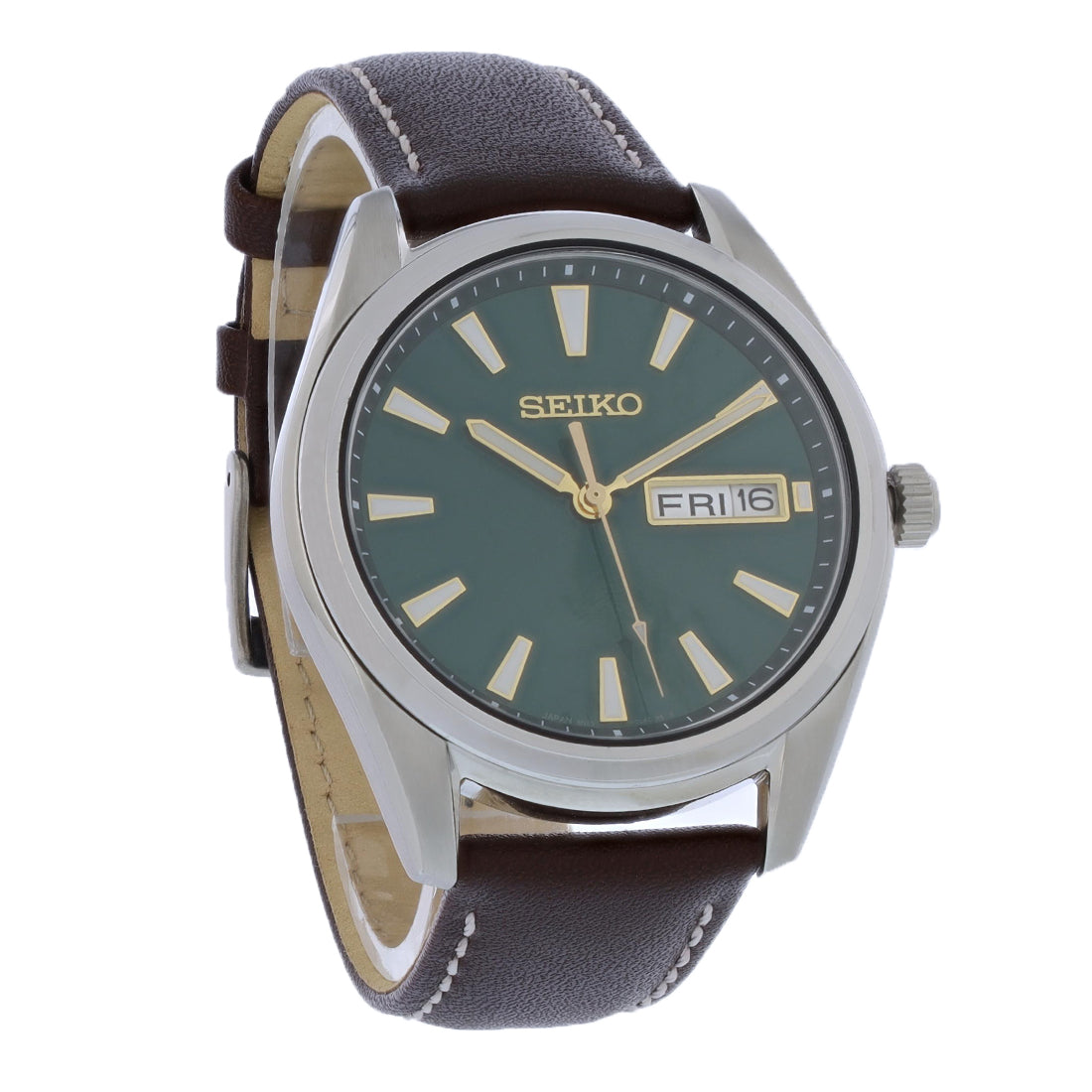 Seiko Essentials Mens Green Dial Stainless Steel Brown Strap Quartz Watch SUR449
