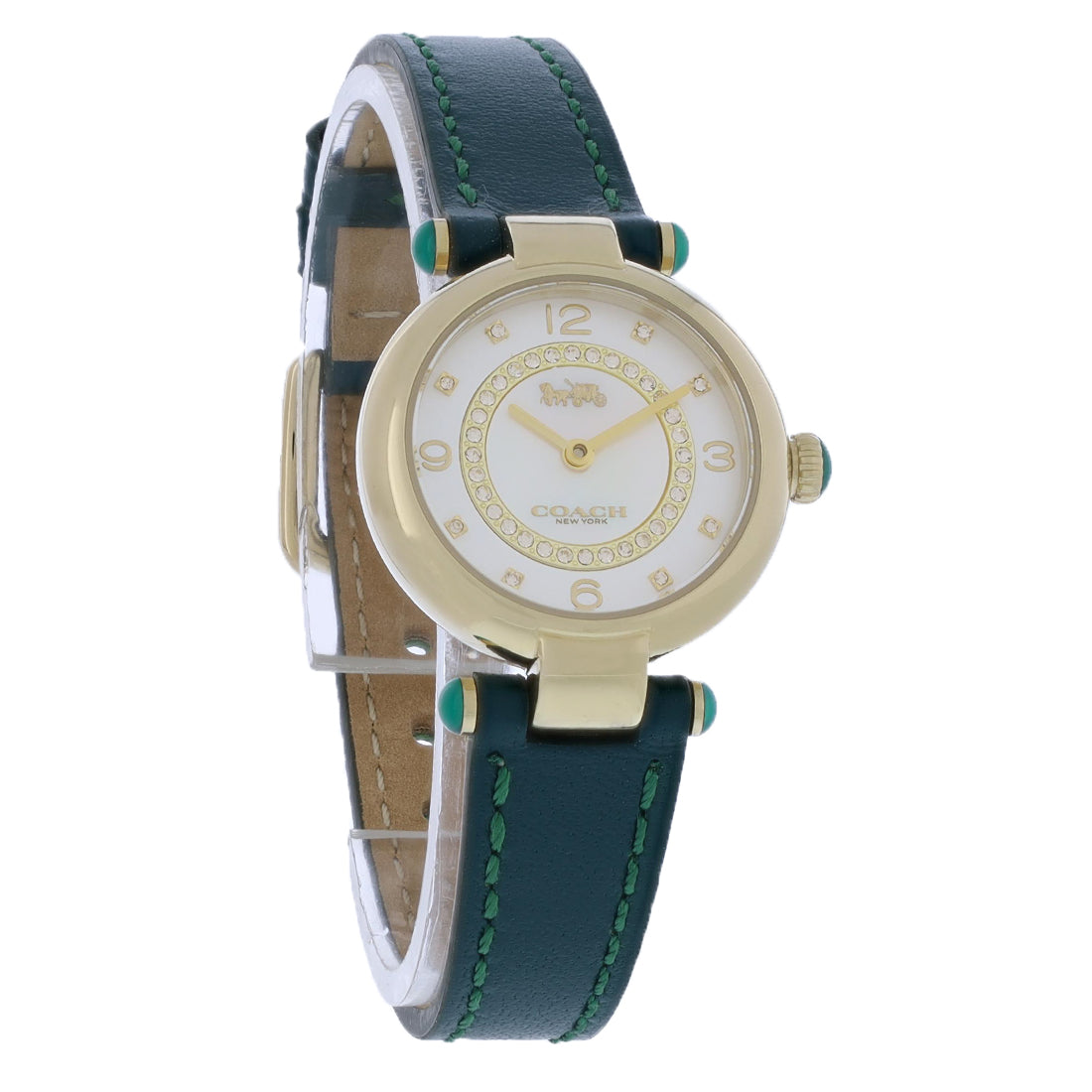 Coach Cary Ladies Gold Tone Stainless Green Strap Crystal Quartz Watch 14503894