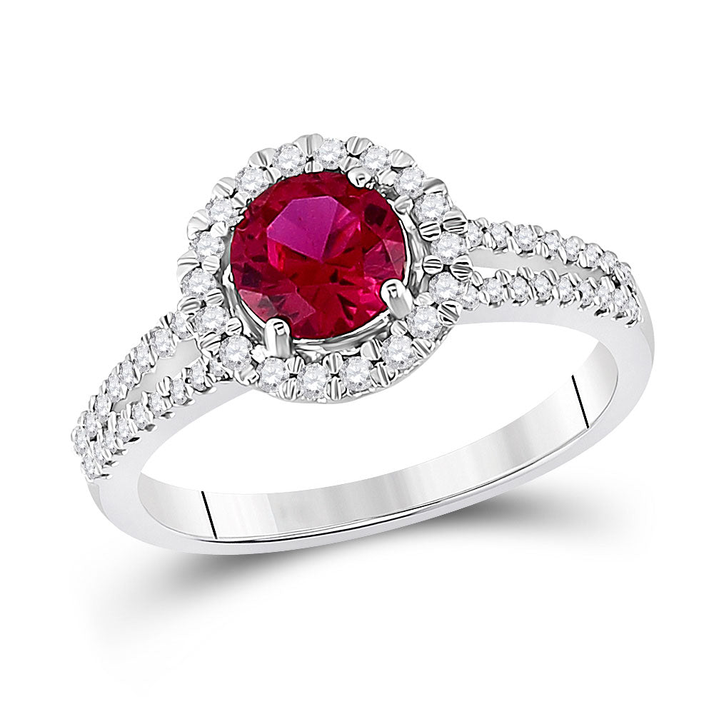 10kt White Gold Womens Round Lab-Created Ruby Solitaire Diamond Halo Ring 1-5/8 Cttw