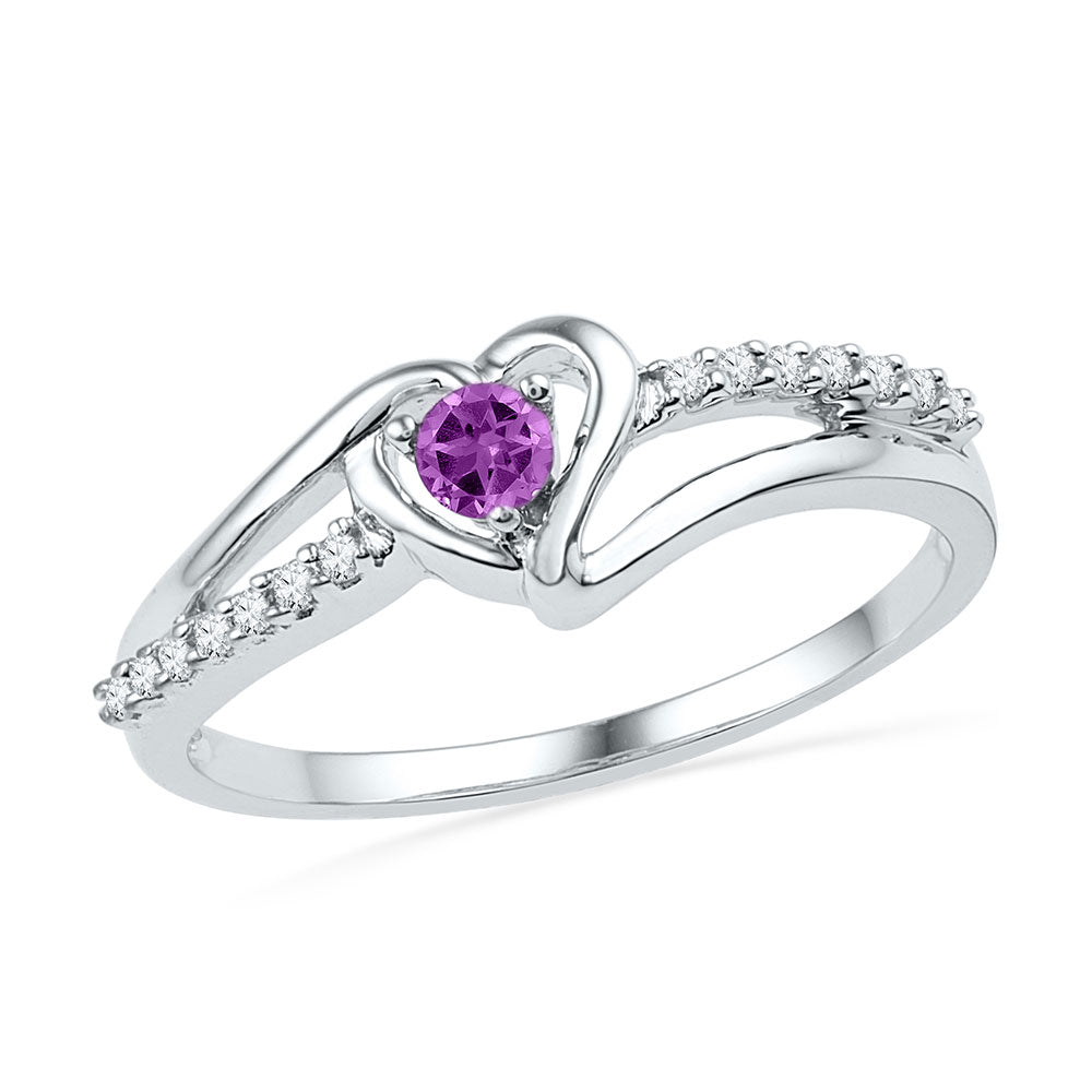 10kt White Gold Womens Lab-Created Amethyst Heart Ring 1/5 Cttw