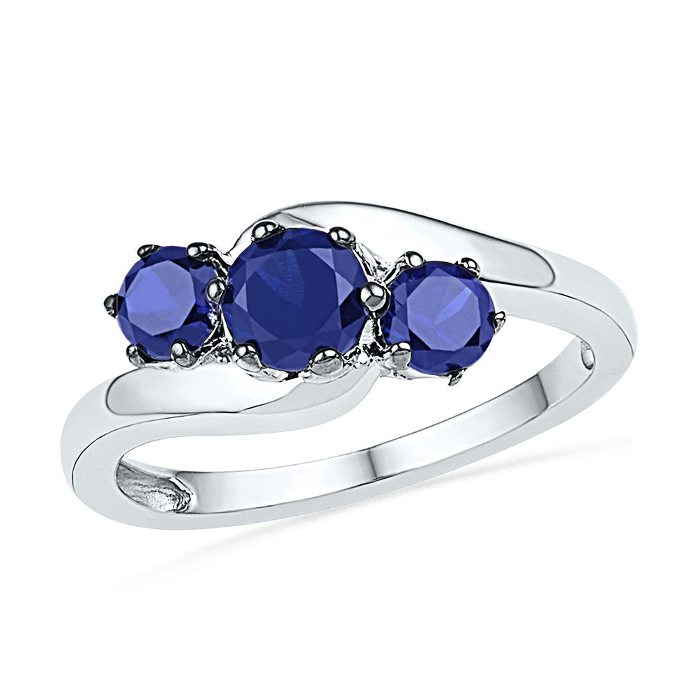 10kt White Gold Womens Round Lab-Created Blue Sapphire 3-stone Ring 1-1/2 Cttw