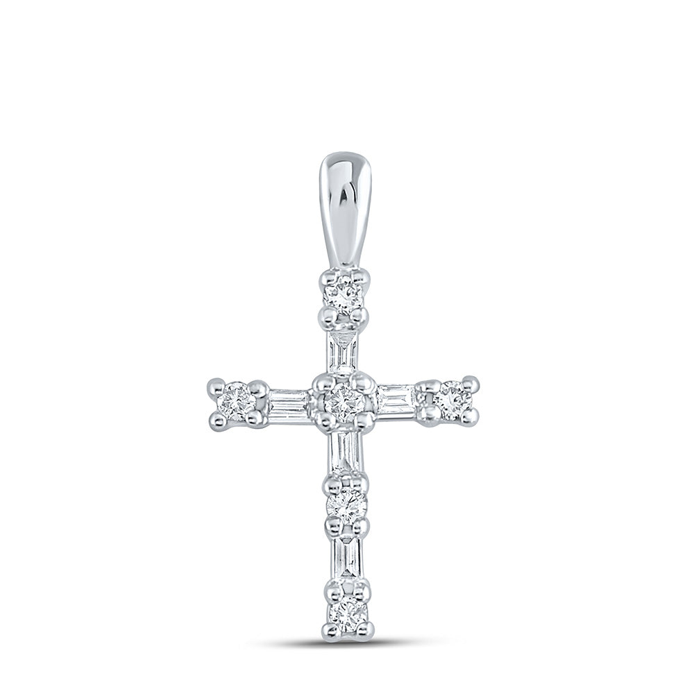 10kt White Gold Womens Round Baguette Diamond Cross Pendant 1/4 Cttw