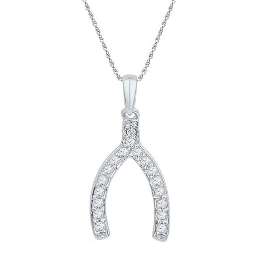 10k White Gold Womens Round Diamond Lucky Wishbone Fortune Pendant 1/6 Cttw