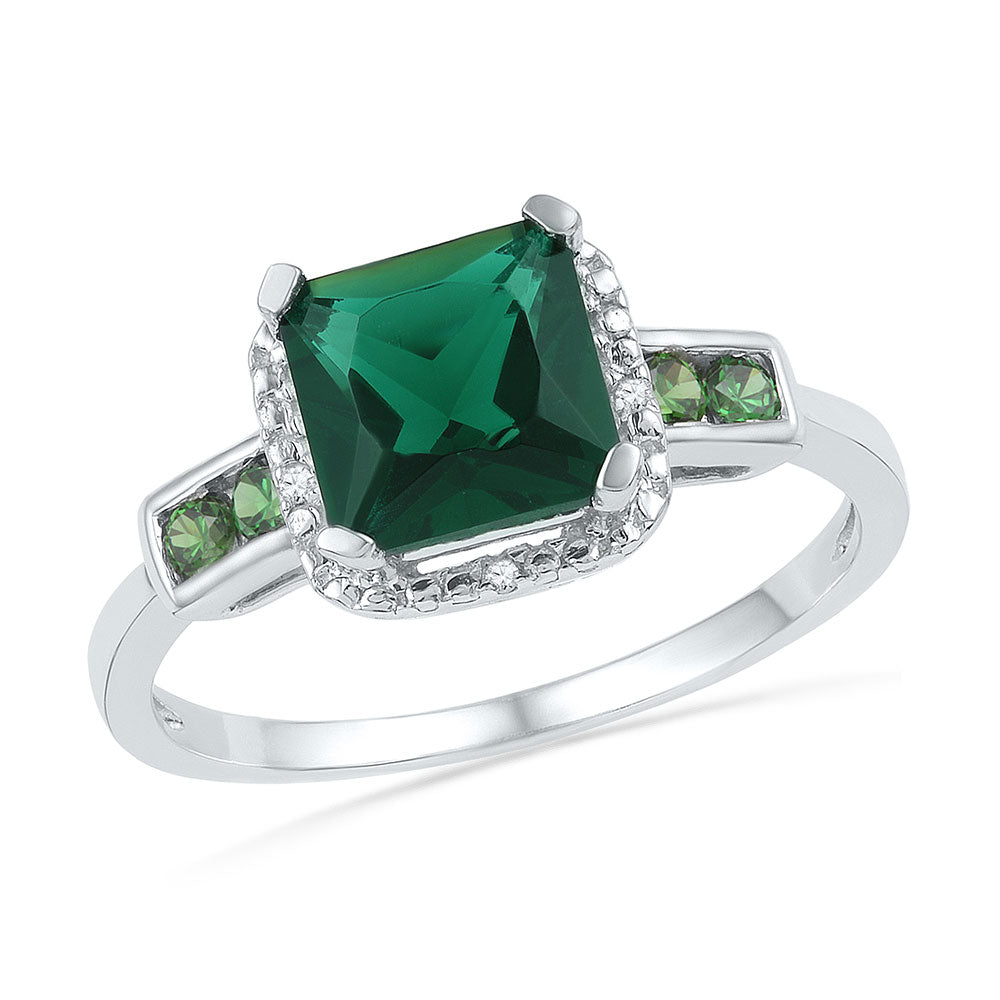 Sterling Silver Womens Princess Lab-Created Emerald Solitaire Diamond-accent Ring 2-1/5 Cttw