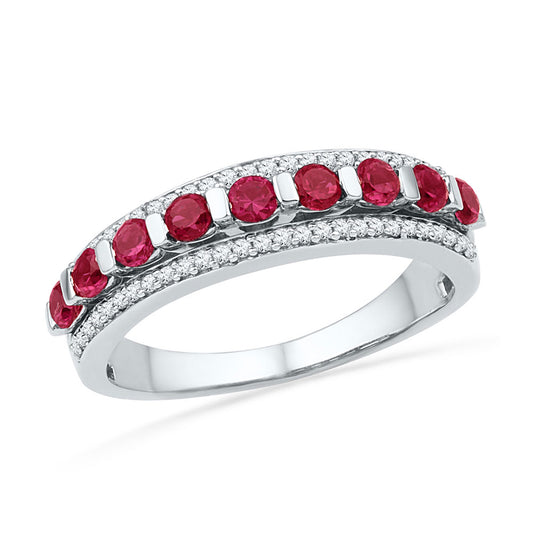 10kt White Gold Womens Round Lab-Created Ruby Diamond Band Ring 1 Cttw