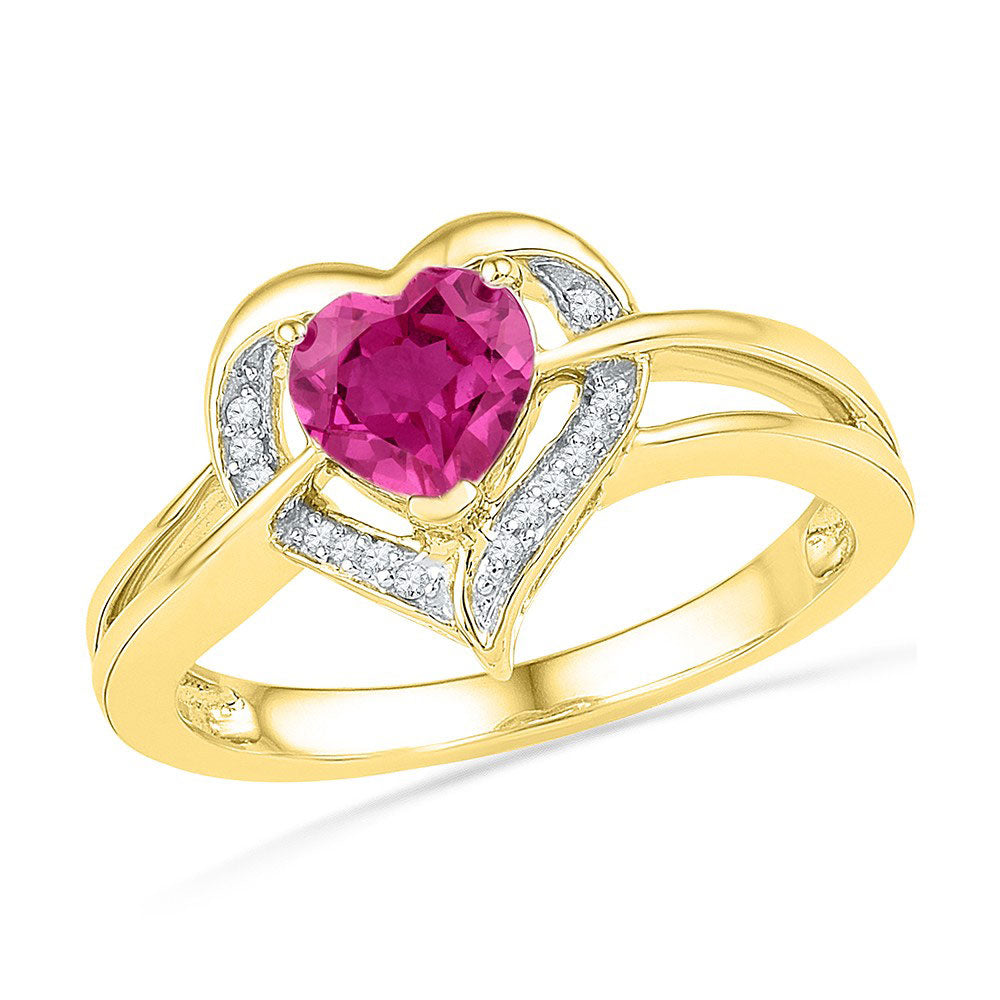 10kt Yellow Gold Womens Round Lab-Created Pink Sapphire Heart Ring 1 Cttw