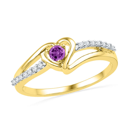 10kt Yellow Gold Womens Lab-Created Amethyst Heart Ring 1/5 Cttw