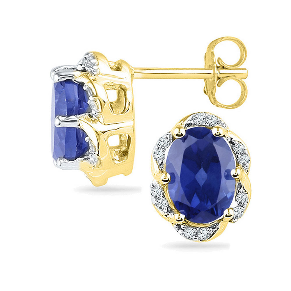 10kt Yellow Gold Womens Oval Lab-Created Blue Sapphire Solitaire Diamond Earrings 2-1/2 Cttw