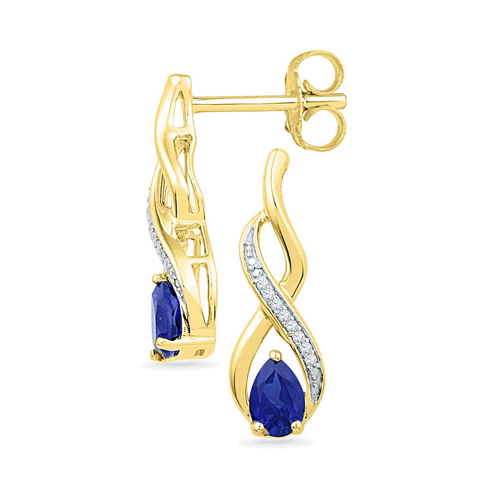 10kt Yellow Gold Womens Pear Lab-Created Blue Sapphire Diamond Earrings 1 Cttw