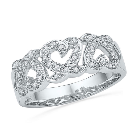 10kt White Gold Womens Round Diamond Triple Heart Band Ring 1/5 Cttw