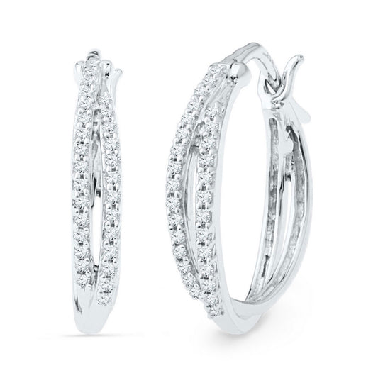 10kt White Gold Womens Round Diamond Double Row Hoop Earrings 1/4 Cttw