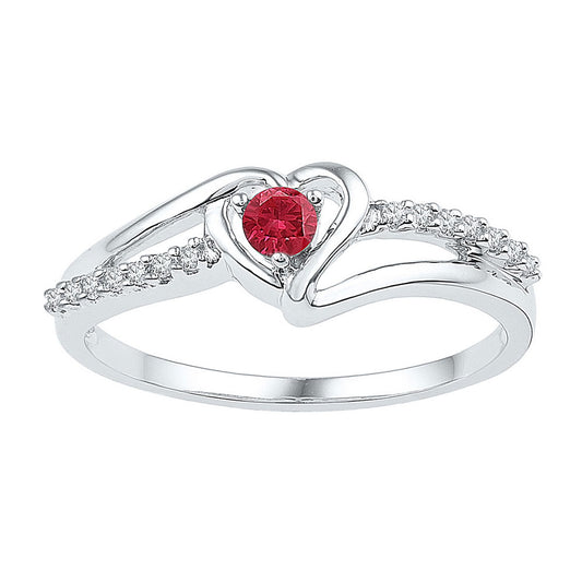 Sterling Silver Womens Round Lab-Created Ruby Solitaire Diamond Heart Ring 1/5 Cttw