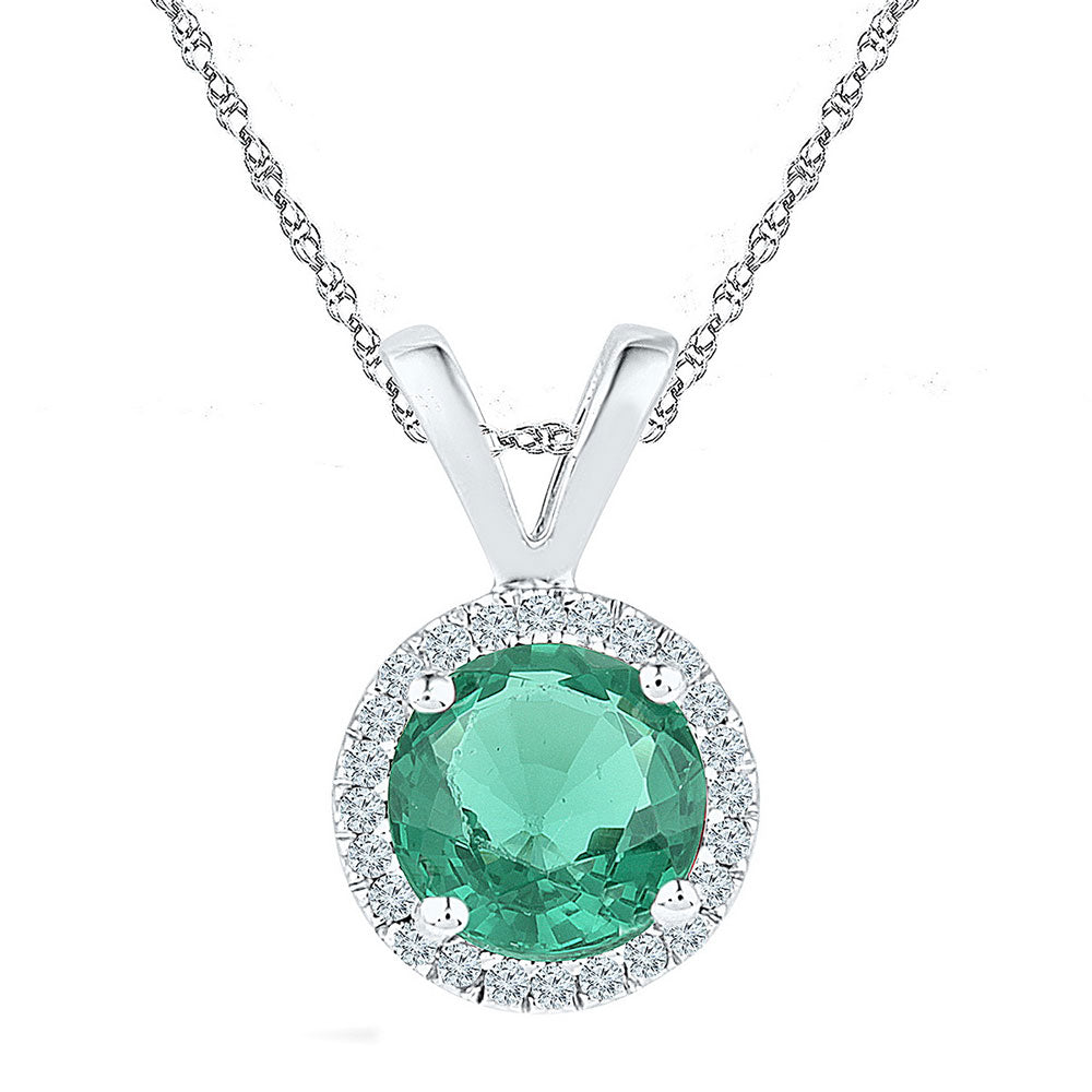Sterling Silver Womens Round Lab-Created Emerald Solitaire Pendant 7/8 Cttw