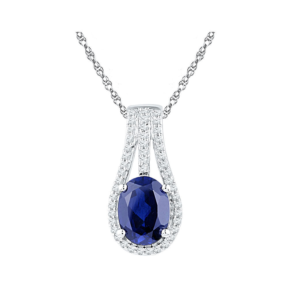 10kt White Gold Womens Oval Lab-Created Blue Sapphire Solitaire Diamond Pendant 1-3/4 Cttw