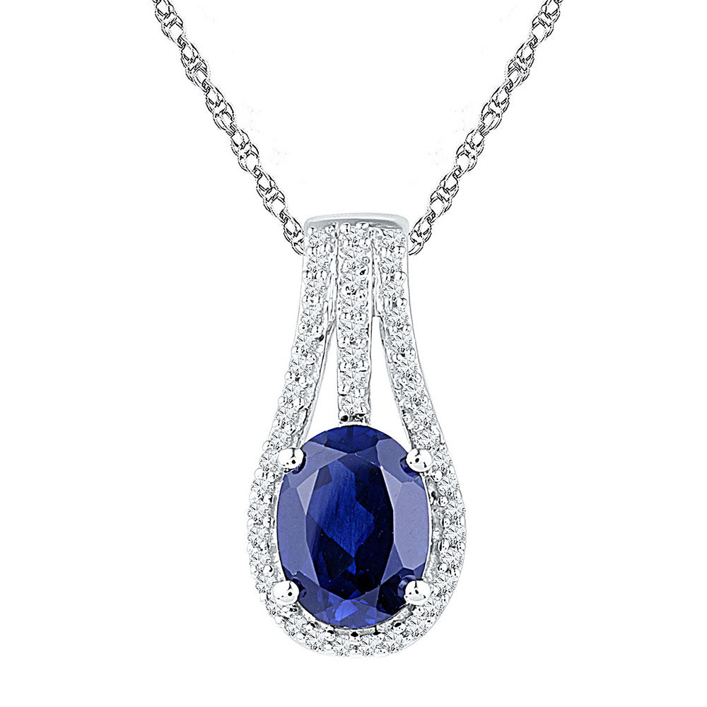 Sterling Silver Womens Oval Lab-Created Blue Sapphire Solitaire Pendant 1-3/4 Cttw