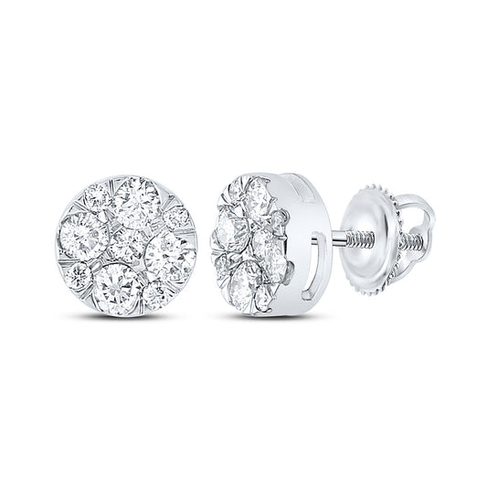 14kt White Gold Womens Round Diamond Flower Cluster Earrings 1 Cttw