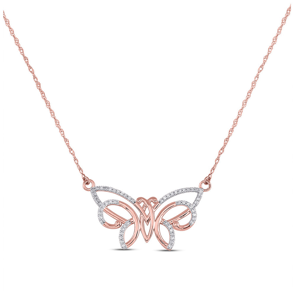 10kt Rose Gold Womens Round Diamond Butterfly Bug Pendant Necklace 1/5 Cttw