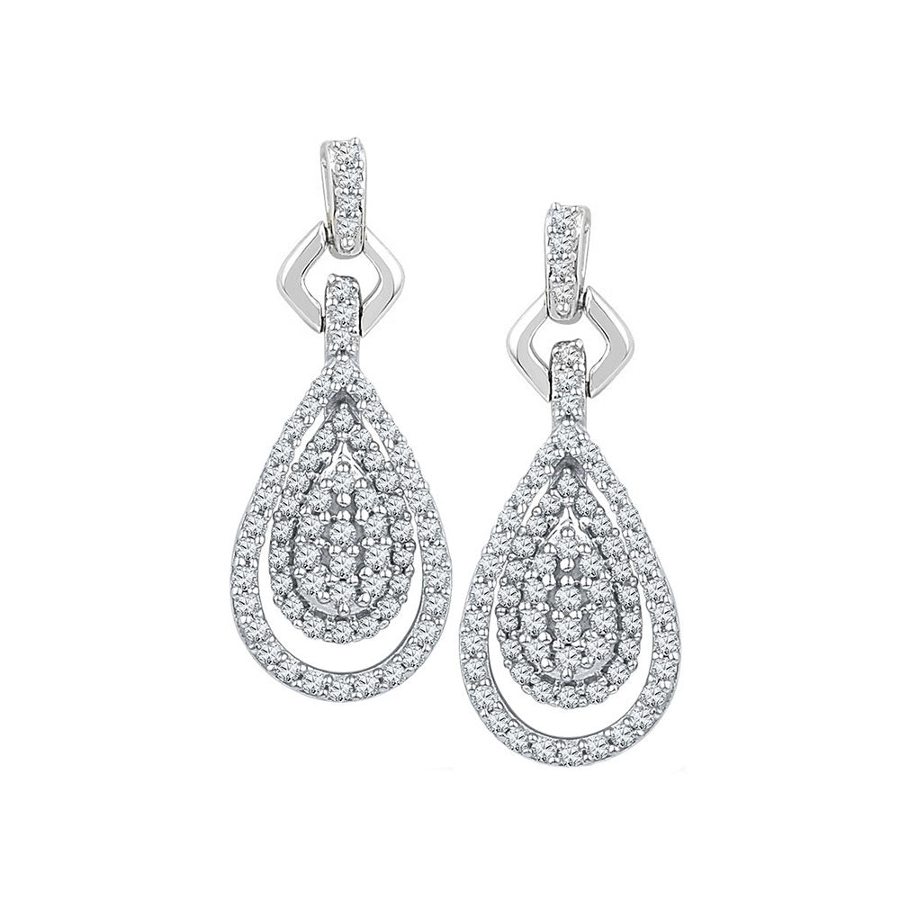 10kt White Gold Womens Round Diamond Teardrop Cluster Dangle Earrings 1/2 Cttw