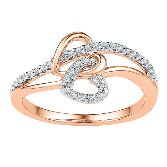10kt Rose Gold Womens Round Diamond Double Joined Heart Ring 1/5 Cttw
