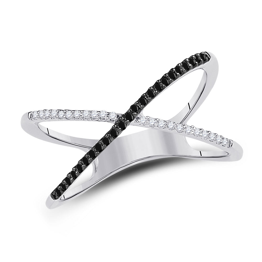 Sterling Silver Womens Black Color Enhanced Diamond Crossover Band Ring Slender 1/6 Cttw