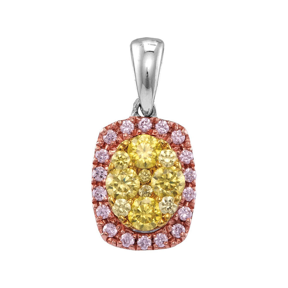 14kt White Gold Womens Round Yellow Pink Diamond Oval Frame Cluster Pendant 3/4 Cttw