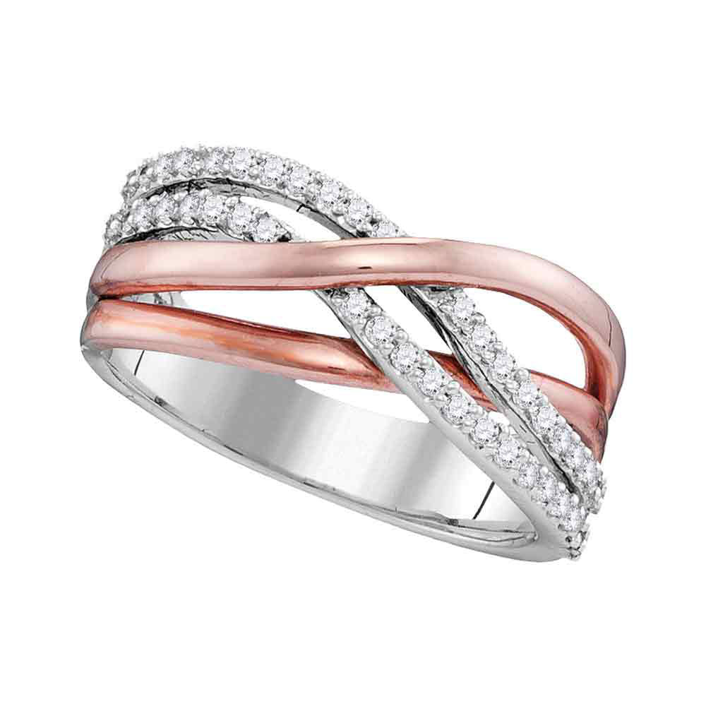 10kt White Gold Rose-tone Womens Round Diamond Crossover Band Ring 1/3 Cttw