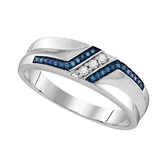 Sterling Silver Mens Round Blue Color Enhanced Diamond Wedding Band 1/5 Cttw