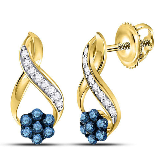 10kt Yellow Gold Womens Round Blue Color Enhanced Diamond Cluster Earrings 1/5 Cttw