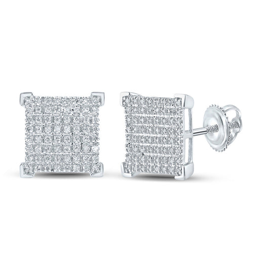 10kt White Gold Mens Round Diamond Square Earrings 1/3 Cttw