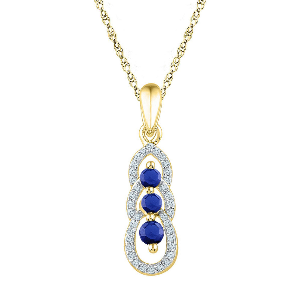 10kt Yellow Gold Womens Round Lab-Created Blue Sapphire 3-stone Pendant 1/2 Cttw