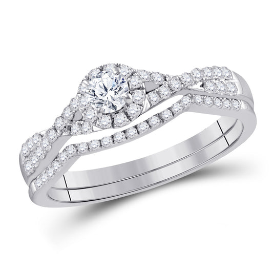 14kt White Gold Diamond Round Bridal Wedding Ring Band Set 1/2 Cttw