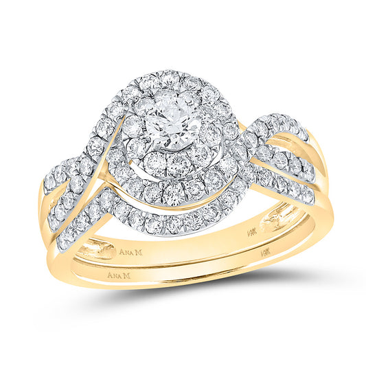 14kt Yellow Gold Round Diamond Swirl Bridal Wedding Ring Band Set 1 Cttw