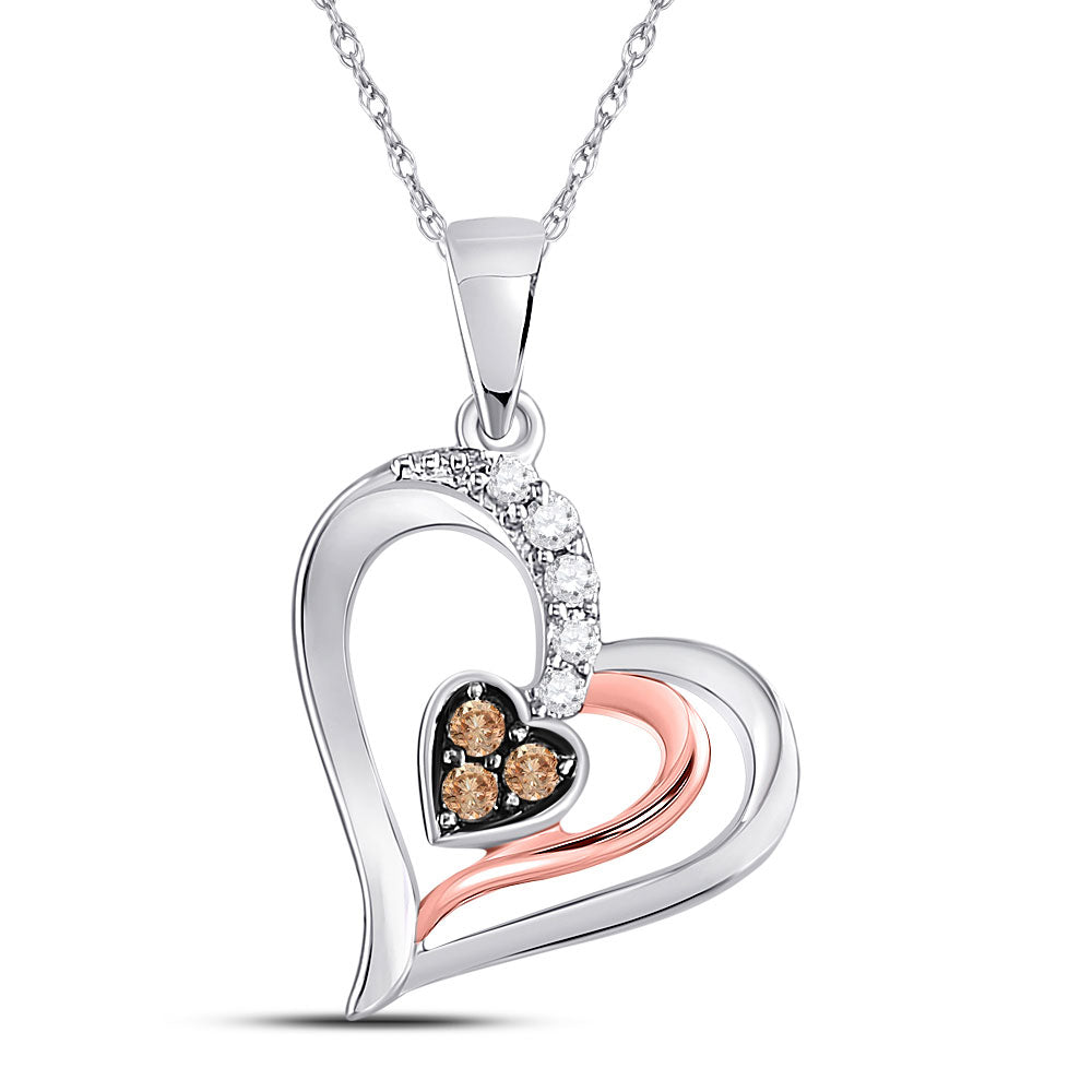 10kt Two-tone Gold Womens Round Brown Diamond Heart Pendant 1/8 Cttw