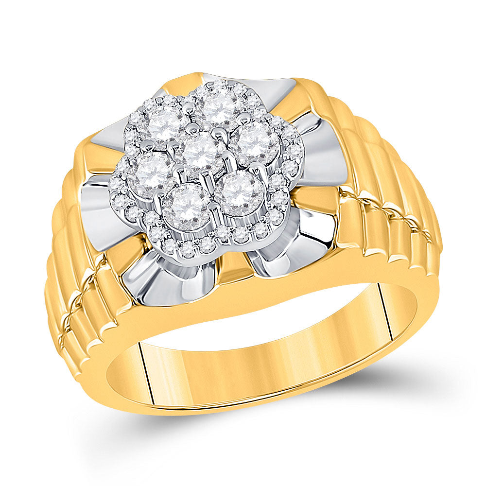 10kt Two-tone Yellow White Gold Mens Round Diamond Flower Cluster Ribbed Ring 1 Cttw