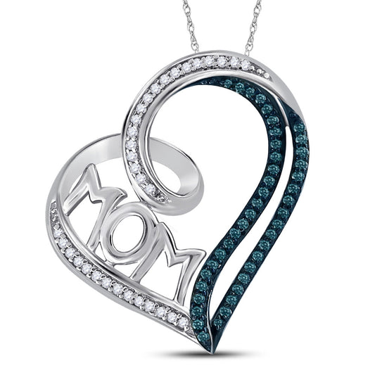 Sterling Silver Womens Round Color Enhanced Blue Diamond Mom Heart Pendant 1/5 Cttw