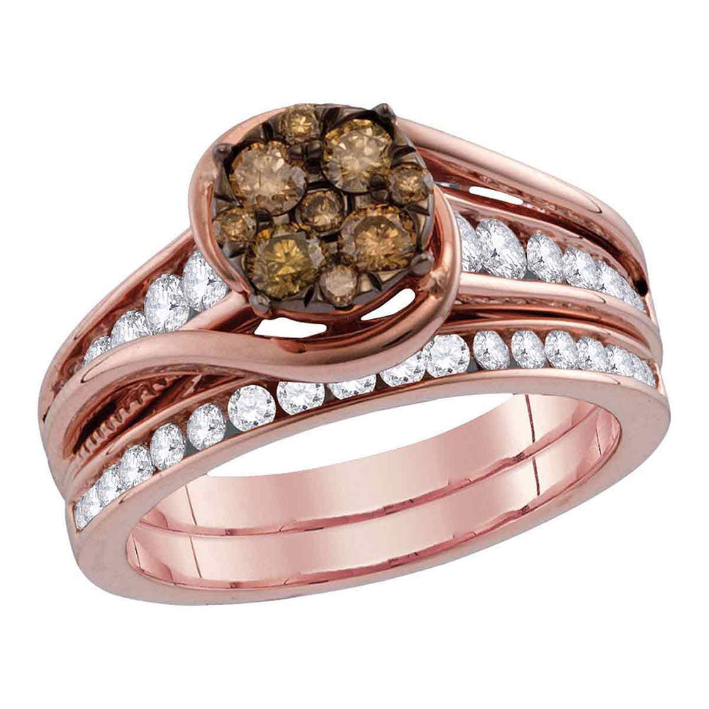 14kt Rose Gold Womens Round Brown Diamond Bridal Wedding Ring Band Set 1 Cttw