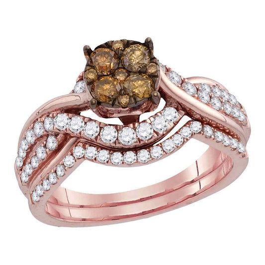 14kt Rose Gold Womens Round Brown Diamond Cluster Bridal Wedding Ring Band Set 1 Cttw