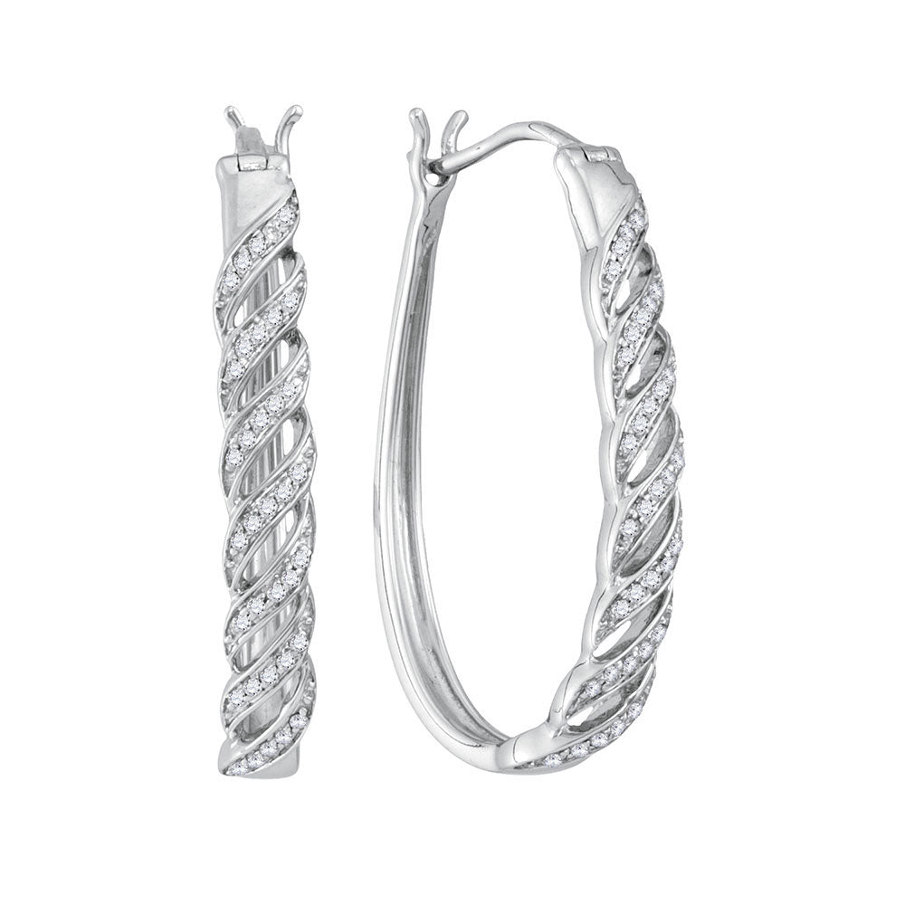 10kt White Gold Womens Round Diamond Oblong Hoop Earrings 1/5 Cttw