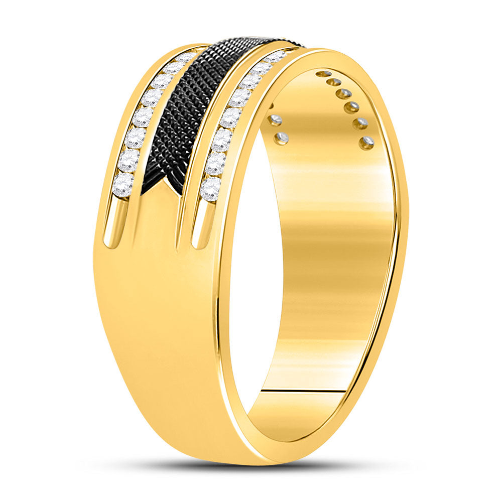 14kt Yellow Gold Mens Round Diamond Double Row Black Textured Wedding Band Ring 1/4 Cttw