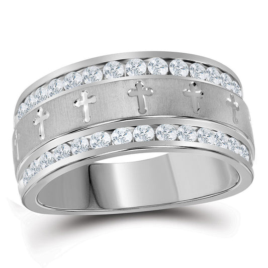 14k White Gold Mens Round Diamond Grecco Cross Wedding Anniversary Band Ring 1 Cttw