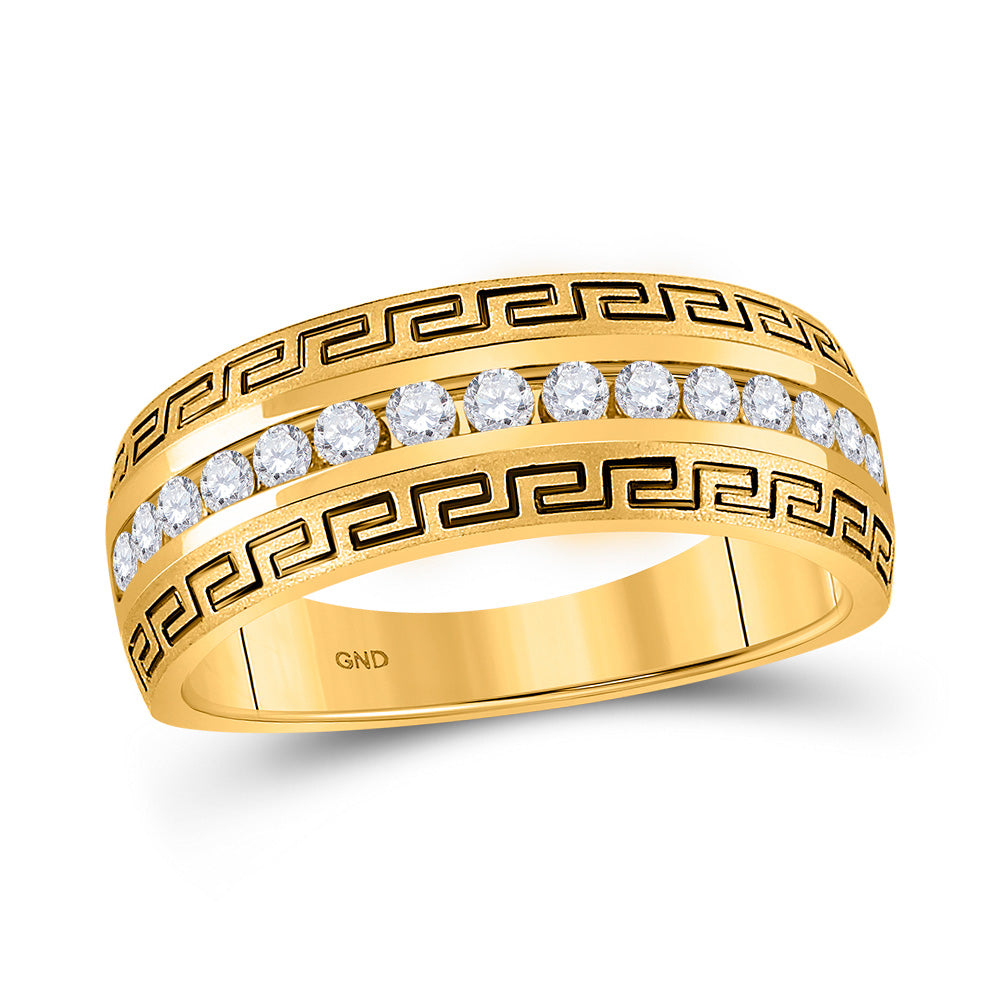 14kt Yellow Gold Mens Round Diamond Wedding Greek Key Band Ring 1/2 Cttw
