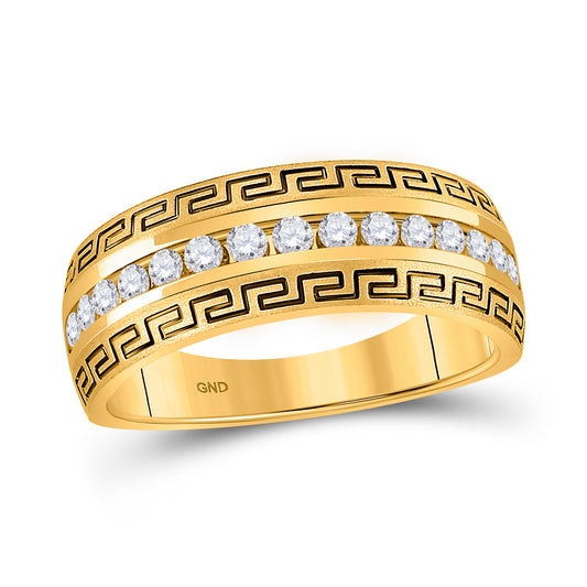 14kt Yellow Gold Mens Round Diamond Wedding Greek Key Band Ring 1/2 Cttw